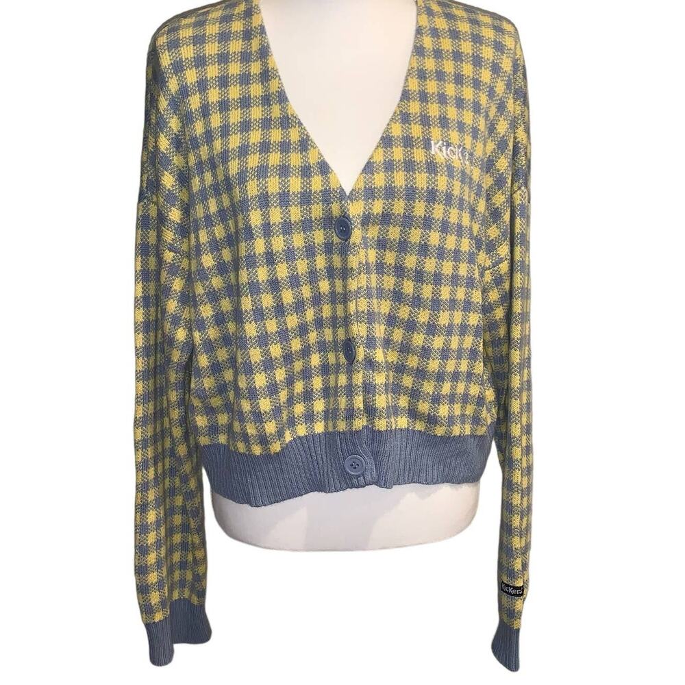 Kickers Yellow and Gray Checked V-Neck Cardigan Sweater